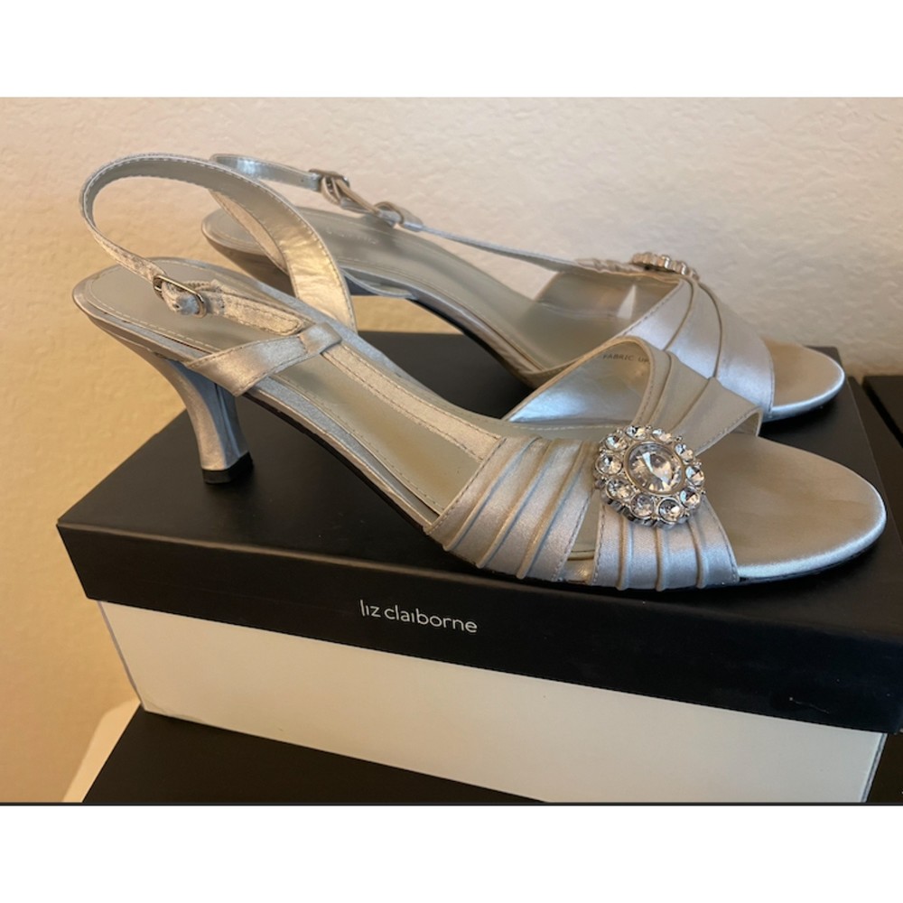 Liz Claiborne Massey Silver Gray Satin Embellished Slingback Heels - Sz 9.5